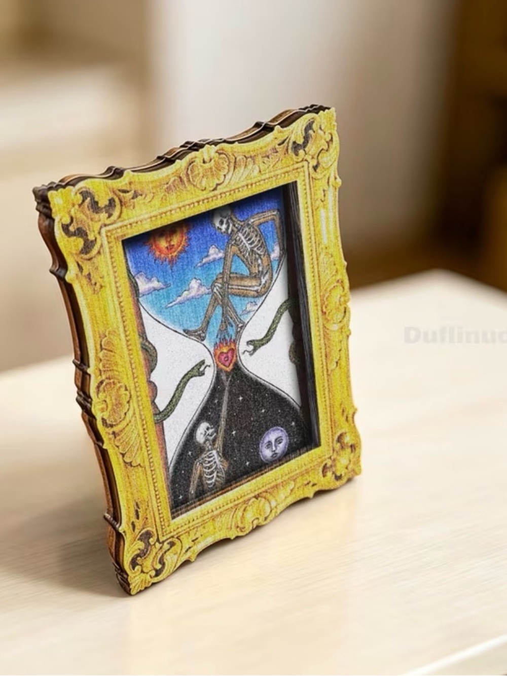 Title: Yellow Ornate Frame Skeleton Hourglass Wooden Magnet ☠️🌙☀️